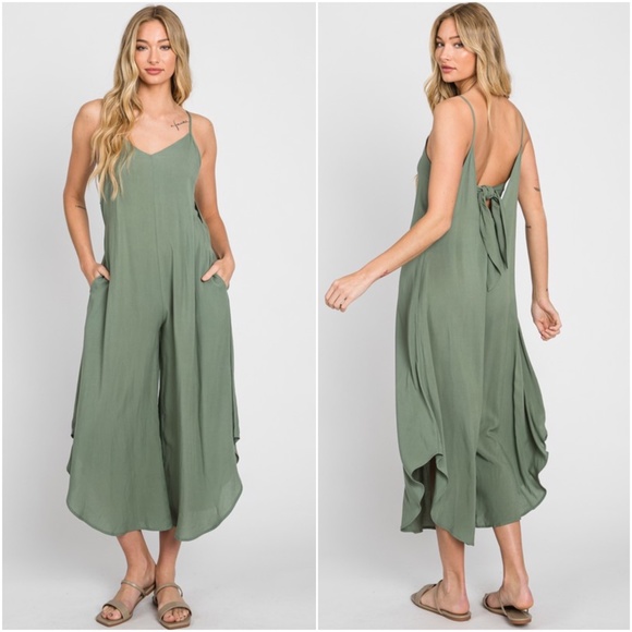 063 Solid Back Tie Cut out Wide Leg Cami Jumpsuit - Picture 6 of 9